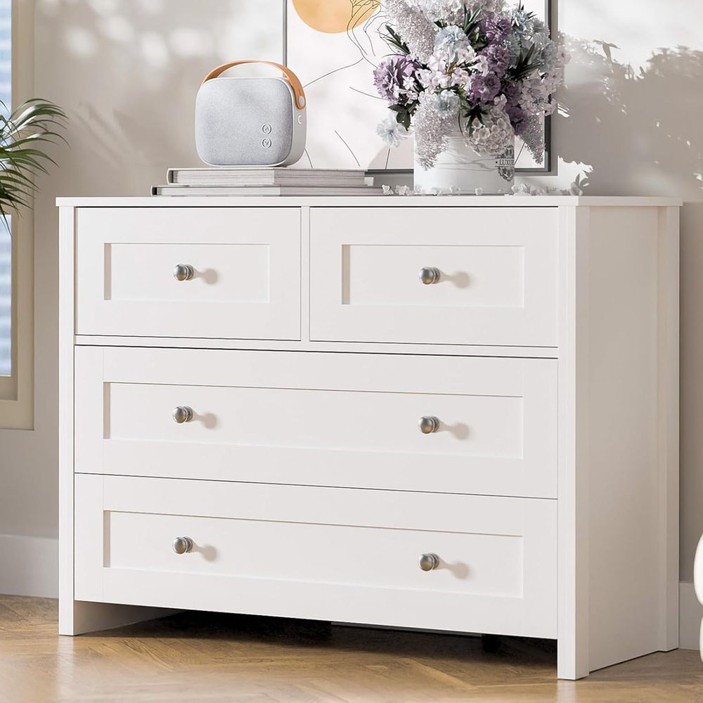 Office Storage Cabinet - 40-inch Wide 4-Drawer White Wooden Storage