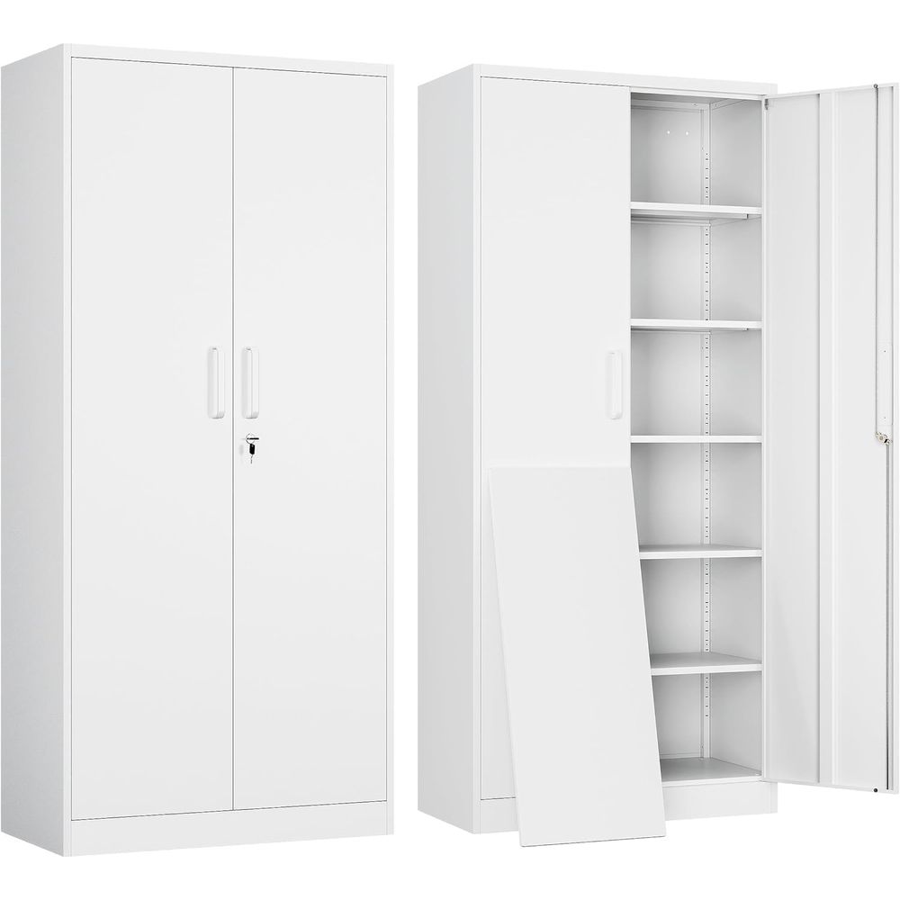 Office Storage Cabinet - 71 White Steel Lockable Garage Storage